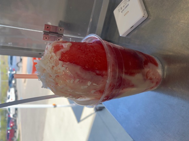Strawberry and cream shaved ice up close